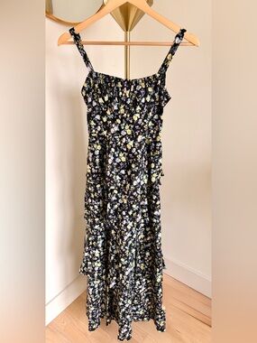 Klesis Black Floral Tiered Sundress with Yellow & Pastel Blooms Open Tie-Back